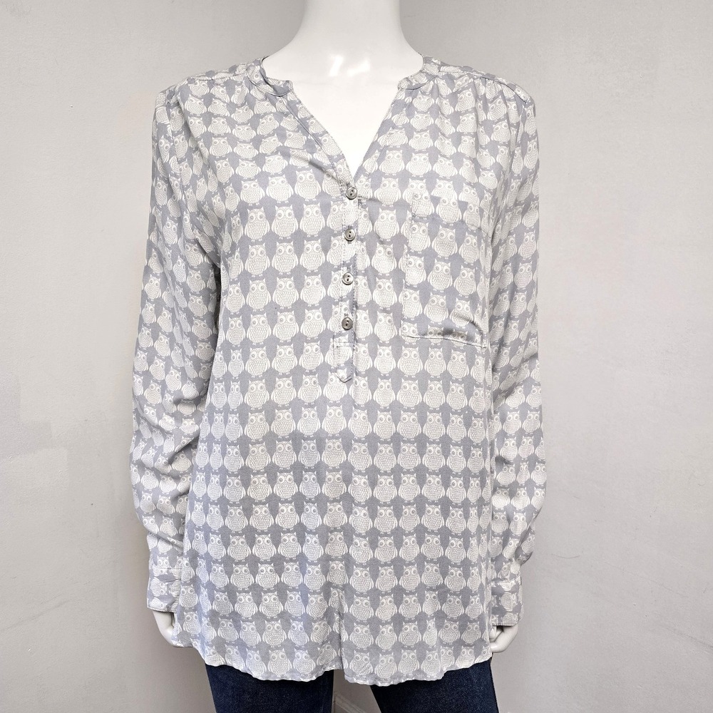 Sonoma Blouse Popover Owl Print Size L Womens Long Sleeve Henley Birds NWT